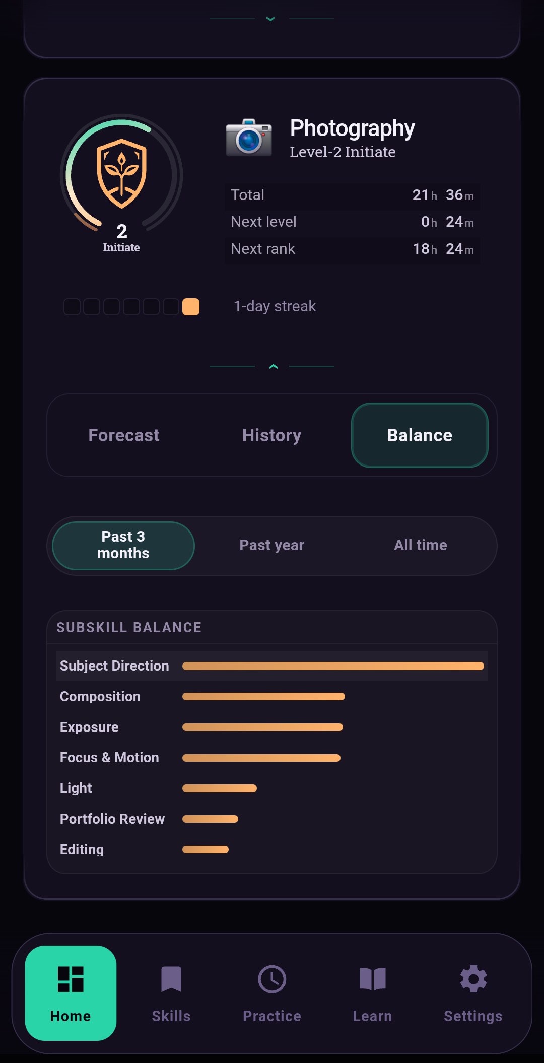Skillmark subskill balance showing how practice time is spread across one hobby's subskills.