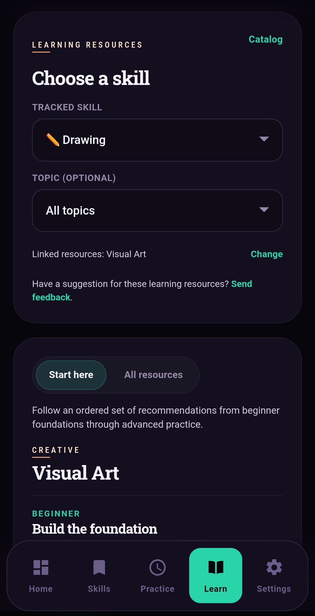 Skillmark Learn tab showing curated learning resources for Drawing, ordered from beginner foundations upward.
