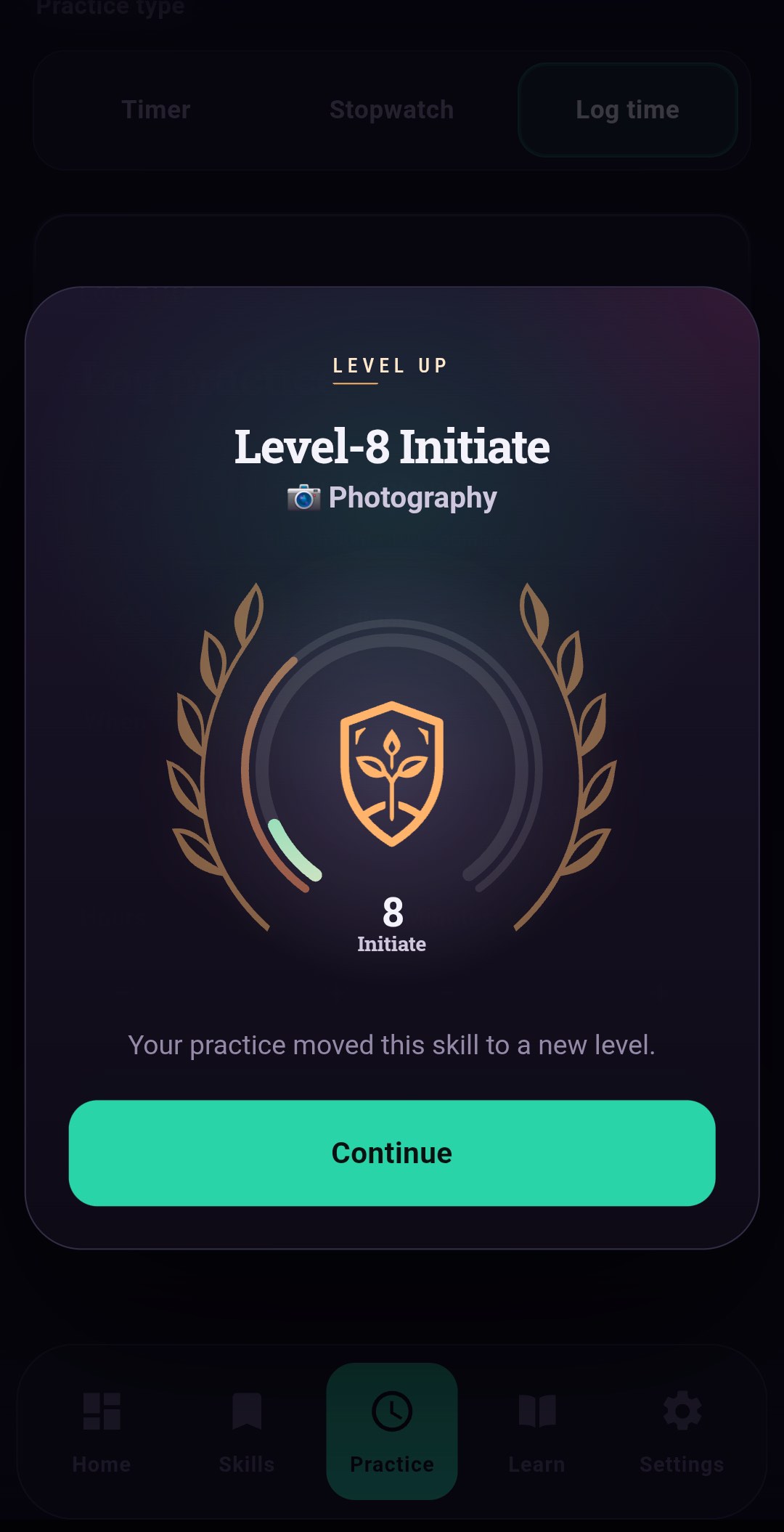 Skillmark level-up screen: a Photography skill reaching Level 8, Initiate rank.