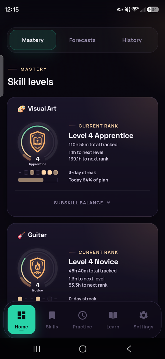 Skillmark dashboard showing hobby levels, time tracked, and progress.