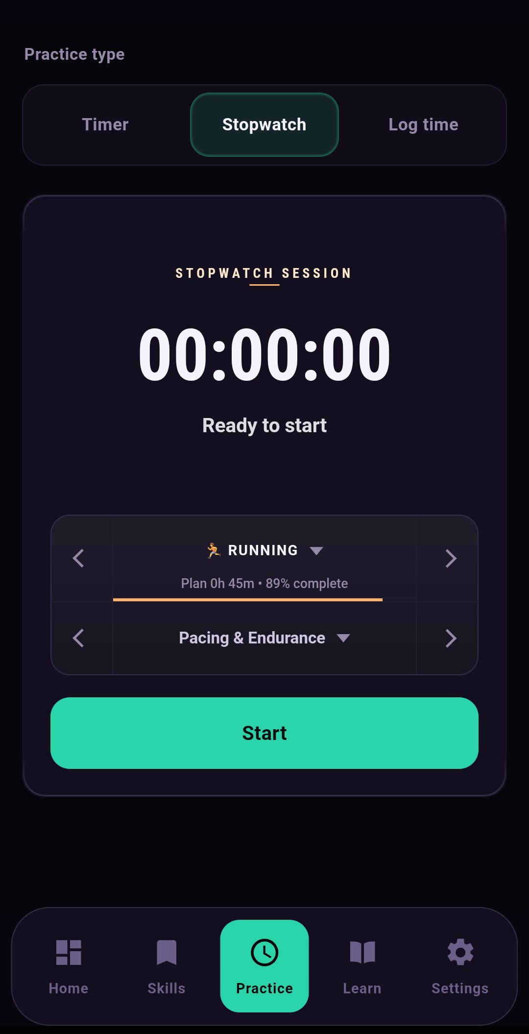 Skillmark practice screen with Timer, Stopwatch, and Log time modes, and a stopwatch session assigned to a running subskill.