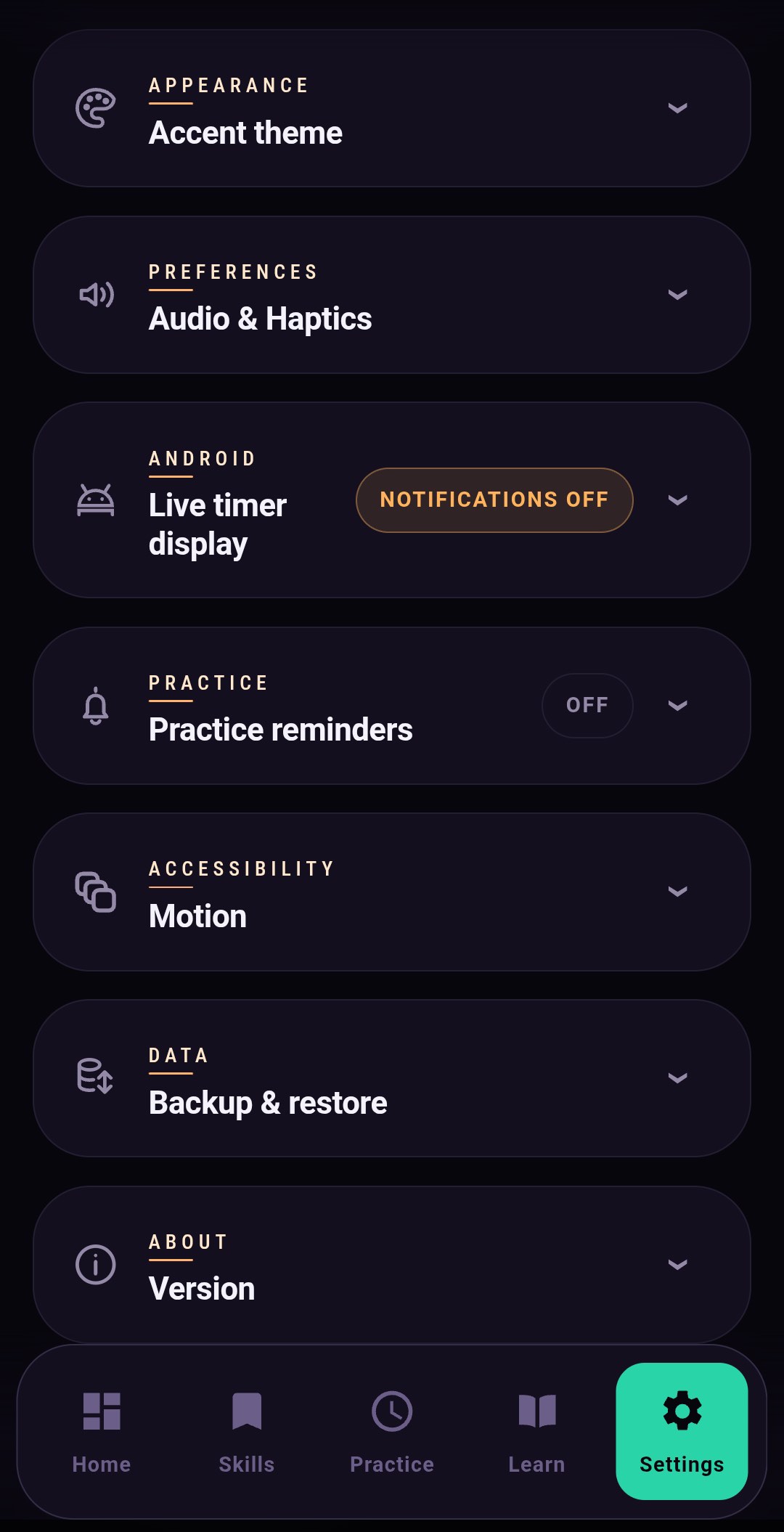 Skillmark settings showing appearance, audio and haptics, reminders, motion, and backup and restore options.