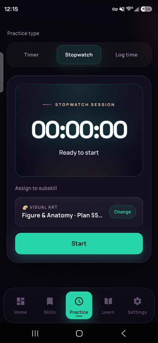 Skillmark stopwatch screen with a session assigned to a specific skill area.